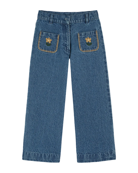 Denim embroidered flower pockets pants